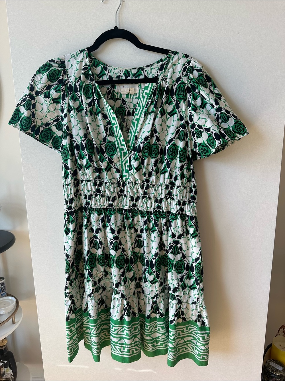 Anthro Somerset Green Floral V-Neck Tiered Mini Dress